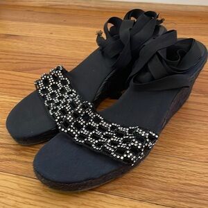 Black Espadrille Wedge Sandal Rhinestone with Ankle Tie Laces Women 7